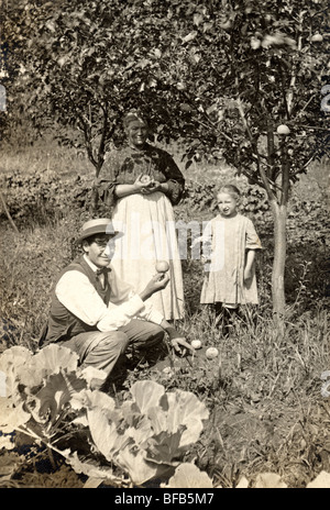 Bauernhof Familie Äpfel im Obstgarten anzeigen Stockfoto