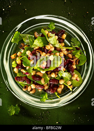 Salat aus Bohnen, Kichererbsen, Kidneybohnen und schwarze Augen Bohnen mit Spinat, roten Zwiebeln und Koriander. Stockfoto