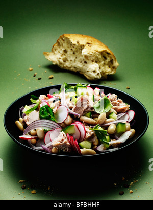 Thunfisch und Cannellini-Salat mit roten Zwiebeln, Basilikum, Radieschen und Gurken Server mit Vollkornbrot. Stockfoto