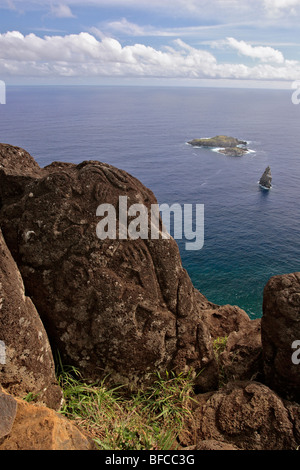 Petroglyphen von Mata Ngarau, Rano Kau Vulkan, heilige Stätte von Orongo, Ostern Insel (Isla de Pascua oder Rapa Nui) Chile Stockfoto