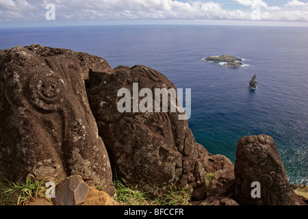 Petroglyphen in Mata Ngarau, Rano Kau Vulkan, heilige Stätte von Orongo, Ostern Insel (Isla de Pascua oder Rapa Nui) Chile Stockfoto