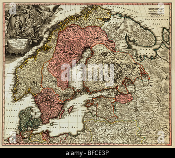 Alte Karte von Skandinavien (18 Jahrhunderte, lateinische Sprache). Stockfoto