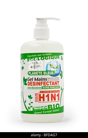 Eine Desinfektionsmittel gel-Flasche für Hände, aktiv gegen die Grippe A Krankheit. Flakon de Gel Désinfectant Actif Contre le Virus H1N1. Stockfoto