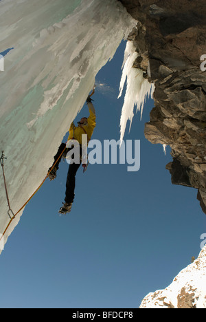 Eine männliche Kletterprofi steigt eine gefrorener Wasserfall-Säule beim Eisklettern in der Nähe von Ouray, Colorado. Stockfoto