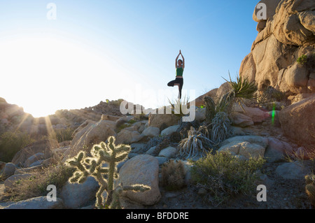 Eine junge Frau praktiziert Yoga auf einem Felsen im Freien in Kalifornien. Stockfoto