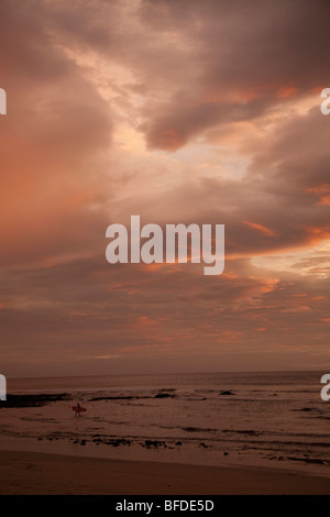 Eine männliche Surfer zu Fuß ins Ufer mit einem Brett bei Sonnenuntergang in Costa Rica. Stockfoto