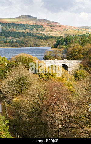 Burrator Reservoir dam und Wasser mit herbstlichen Bäume im Vordergrund und Toren im Hintergrund Stockfoto