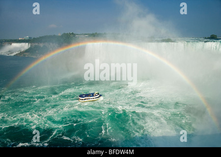 Horseshoe Falls und die amerikanischen Wasserfälle und Regenbogen über der Maid of Nebel Boot fahren in Niagara Falls, Ontario, Kanada Stockfoto