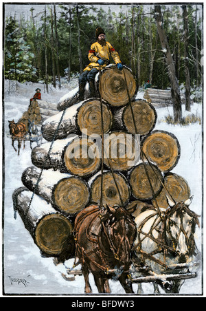 Schleppen der Protokolle mit einem von Pferden gezogenen Schlitten im nördlichen Wisconsin, 1880. Hand - farbige Holzschnitt eines Thulstrup Abbildung Stockfoto