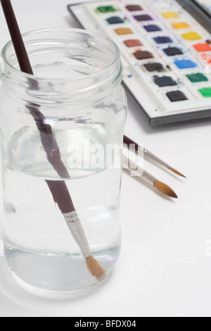 Ein Aquarell und Pinsel auf weißem Hintergrund Stockfoto