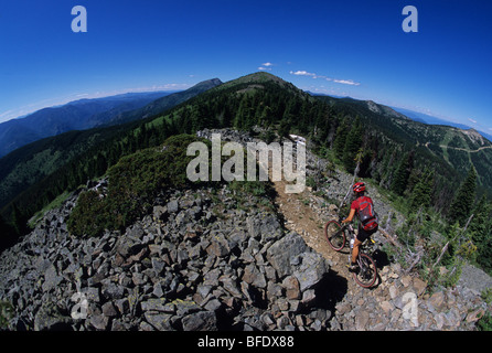 Eine Frau mit ihrem Mountainbike genießen der sieben Gipfelrundweg in Rossland, British Columbia, Kanada Stockfoto