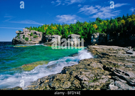 Kalksteinen Felsen am Ufer der georgischen Bucht Indian Head Cove, Bruce Peninsula National Park, Ontario, Kanada Stockfoto