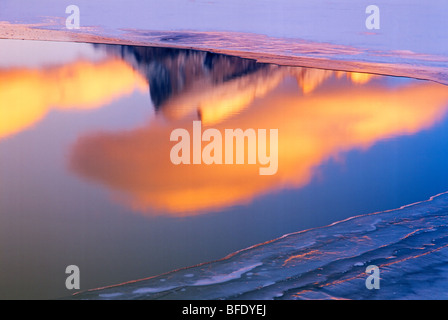 Gipfel des Mount Rundle spiegelt sich in Vermilion Seen bei Sonnenuntergang, Banff Nationalpark, Alberta, Kanada Stockfoto