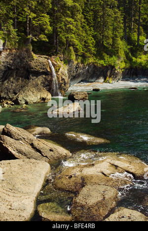 Ein Wasserfall in der Nähe von Sombrio Strand auf dem Juan de Fuca Marine Trail, Vancouver Island, British Columbia, Kanada Stockfoto