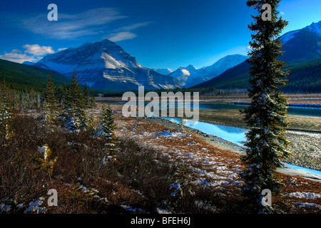 Athabasca River entlang der Columbia Icefields Parkway in Jasper Nationalpark, Alberta, Kanada Stockfoto