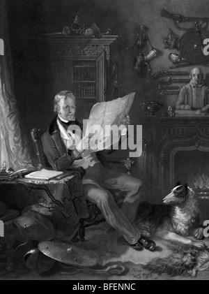 Portrait-Gravur der schottische historische Schriftsteller und Dichter Sir Walter Scott (1771-1832) in seinem Arbeitszimmer im Abbotsford House. Stockfoto