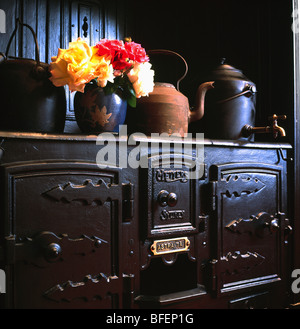 Close-up der alten Kessel und Vase mit Blumen auf viktorianische schwarze Gusseisen Ofen Stockfoto