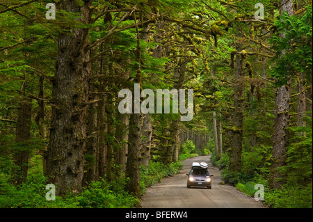 Auto auf der Straße zu Schlepp Hill, Naikoon Provincial Park, Queen Charlotte Islands, British Columbia, Kanada Stockfoto