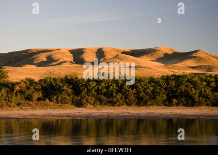 Mondaufgang über dem South Saskatchewan River in der Nähe von Leader, Saskatchewan, Kanada Stockfoto