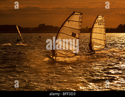 Windsurfer bei Sonnenuntergang am Farmoor Stausee, Oxfordshire, Vereinigtes Königreich Stockfoto