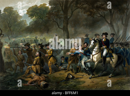 Darstellung der künftigen US-Präsidenten George Washington, auf dem Pferderücken, in Aktion während der Schlacht von Monongahela 1755 zu drucken. Stockfoto