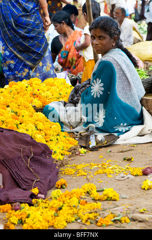 Frau, die Blumen für festliche religiöse Girlanden am Markt in Puttaparthi, Andhra Pradesh, Indien Stockfoto