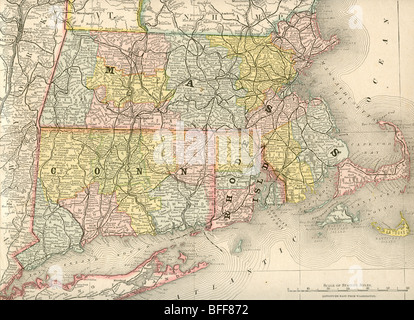 Original alte Karte der südlichen Neuengland aus 1884 Geographie Lehrbuch Stockfotografie - Alamy