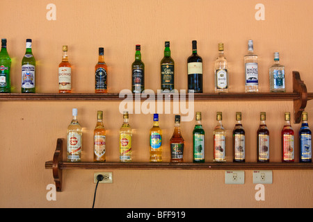 Bar Regale in einem kubanischen Resort, mit verschiedenen Arten von Scotch Whisky, Rum, Wodka, Liqeurs bestückte Stockfoto