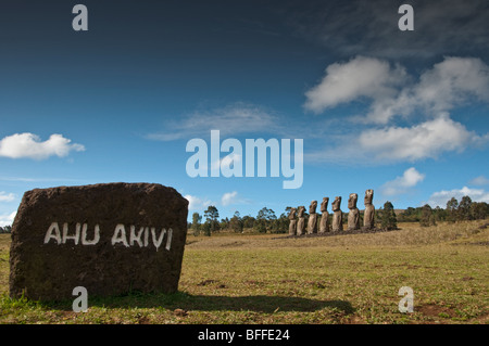 Osterinsel-Moai-Statuen am Ahu Akivi Standort. Stockfoto