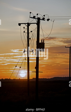 Strommasten und Anschlussdose Dörfer in East Suffolk, UK verbinden. Stockfoto