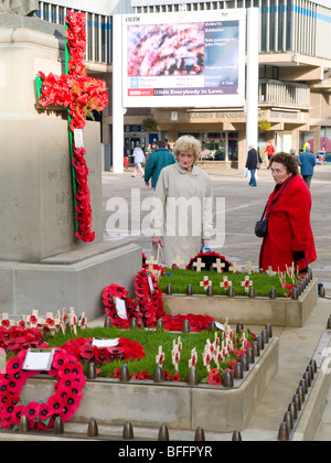 Zwei Frauen betrachten den Mohn Abgaben auf das Kriegerdenkmal auf dem Marktplatz im Stadtzentrum von Derby, Derbyshire England UK Stockfoto