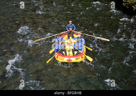 Wildwasser-rafting in einem Paddel Schlauchboot auf die McKenzie River entlang der McKenzie Scenic Byway in der Cascade Mountains of Oregon Stockfoto