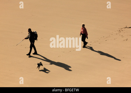 Zwei Personen und ein Hund zu Fuß entlang ein Sandstrand, von oben gesehen Stockfoto