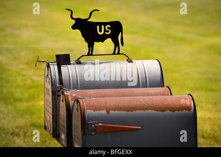 Amerikanischen US-Briefkasten eingerichtet mit Rindern Silhouette in Nebraska USA Stockfoto