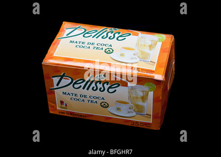 Delisse Mate De Coca Tee, ein traditionelles peruanische pflanzliches Getränk hergestellt mit Koka Blätter (Erythroxylum Coca) mit Kokain. Stockfoto