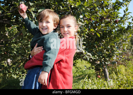 Bruder und Schwester im Apfelgarten, König Township, Ontario Stockfoto