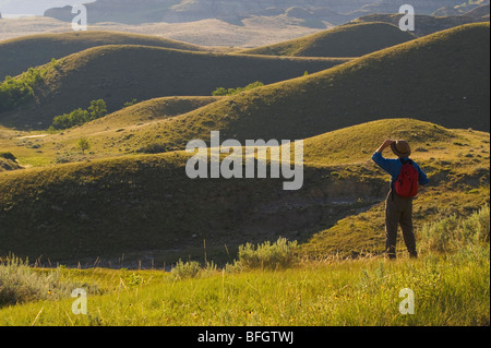 Ein Wanderer einen Blick auf Landschaft, Big Muddy Badlands, Saskatchewan, Kanada Stockfoto