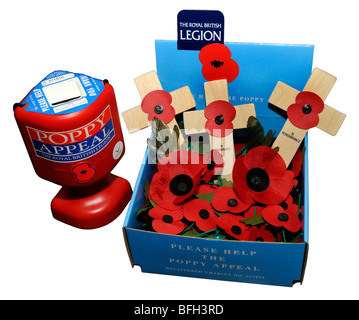 Die Royal British Legion Sammelkiste für Mohn Berufung auf "weißen Hintergrund" Remembrance Day Poppy Appell Stockfoto