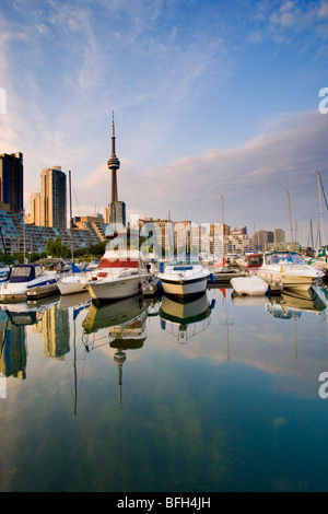 Blick auf Skyline von Toronto aus Harbourfront Marina, Toronto, Ontario, Kanada Stockfoto