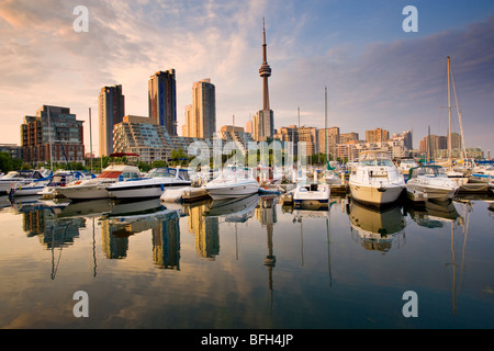 Blick auf Skyline von Toronto aus Harbourfront Marina, Toronto, Ontario, Kanada Stockfoto