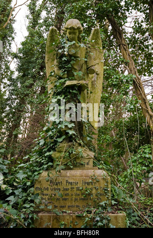 Engel Statur bedeckt mit Efeu, Highgate Cemetery London England UK Stockfoto