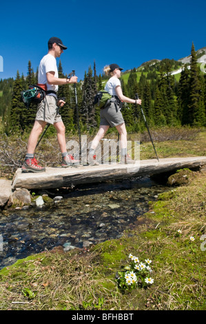 Wanderer auf dem Weg zu den Black Tusk im Garibaldi Provincial Park in der Nähe von Whistler BC. Stockfoto