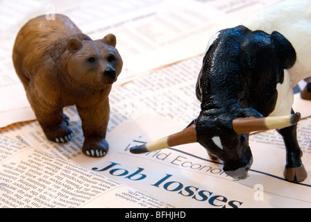 Ein Bulle und Bär über die Weltwirtschaft Berichte von Arbeitsplätzen für die Finanzmärkte Stockfoto