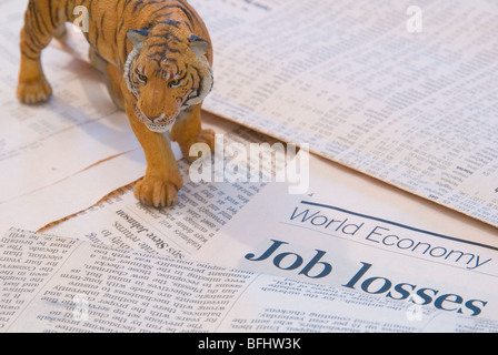 Ein Tiger über die Weltwirtschaft Berichte von Arbeitsplätzen vertreten die Märkte in Asien Stockfoto