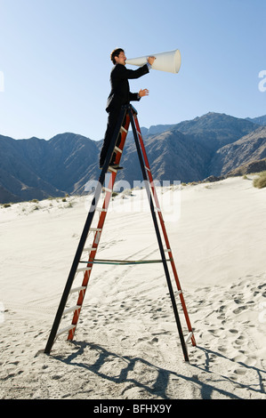 Geschäftsmann auf Stehleiter mit Megaphon in der Wüste Stockfoto