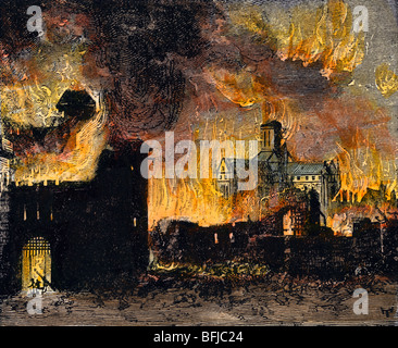 St. Paul's in die feuersbrunst von 1666 zerstört. Hand - farbige Holzschnitt Stockfoto