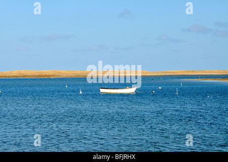 Allein am Liegeplatz in Chatham, Cape Cod mit Dünen über ein Ruderboot Stockfoto