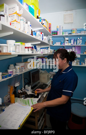 Veterinär-Krankenschwester in der Praxis-Apotheke Stockfoto