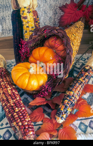 Fest Feier Saison Füllhorn reichlich Thanksgiving Stillleben Korb Mahlzeit Laub Blatt Blätter Cob Oktober November Stockfoto