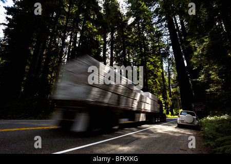 LKW überholen eines parkenden Autos in den coastal Redwood-Wäldern von Nord-Kalifornien, USA Stockfoto